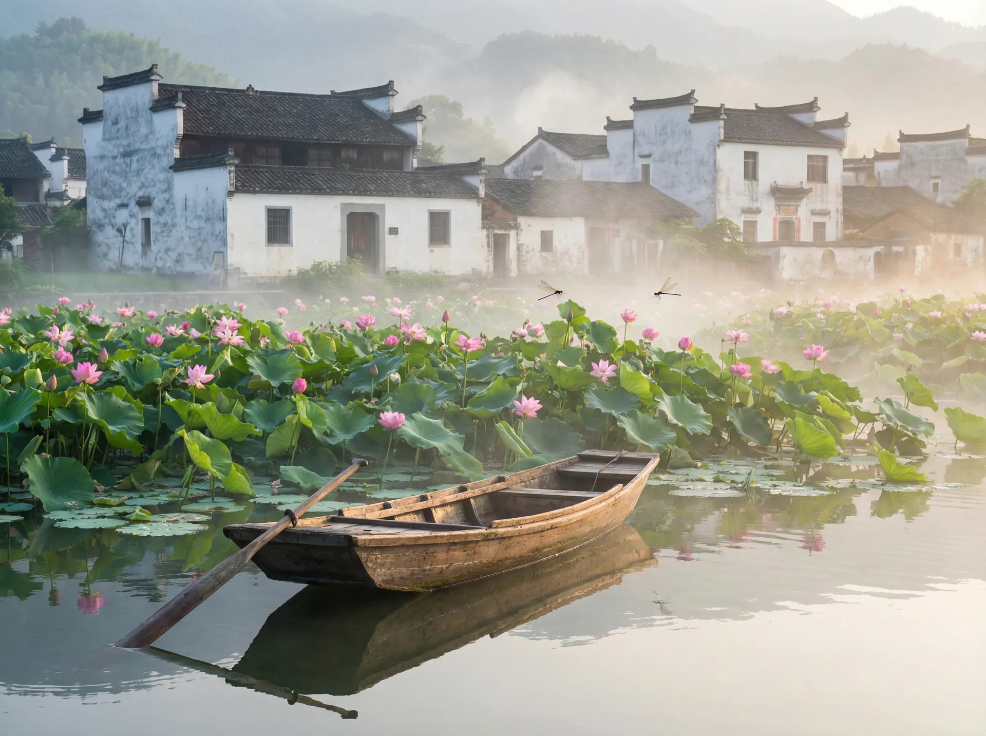 清晨荷塘小舟，粉色荷花盛开，白墙黑瓦的村庄 - 三国魂攻略 水乡风情